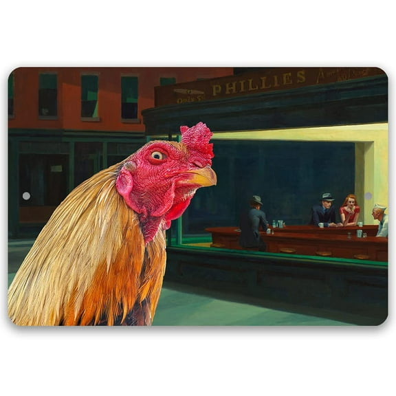Metal Sign - Nighthawks Painting - Interrupted by Rooster - Durable Metal Sign - Use Indoor/Outdoor - Funny and Artsy Chicken Farm and Coop Decor and Gift (8" x 12")