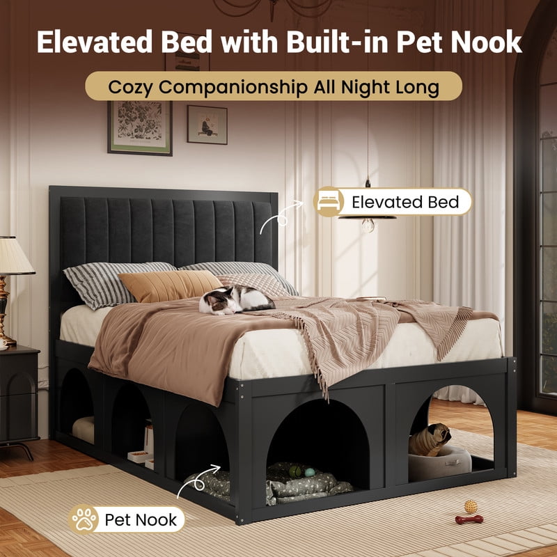 Full Size Pet-Friendly Platform Bed with Under-Bed Pet Nooks, Heavy Duty Wooden Storage Bed Frame with Padded Headboard