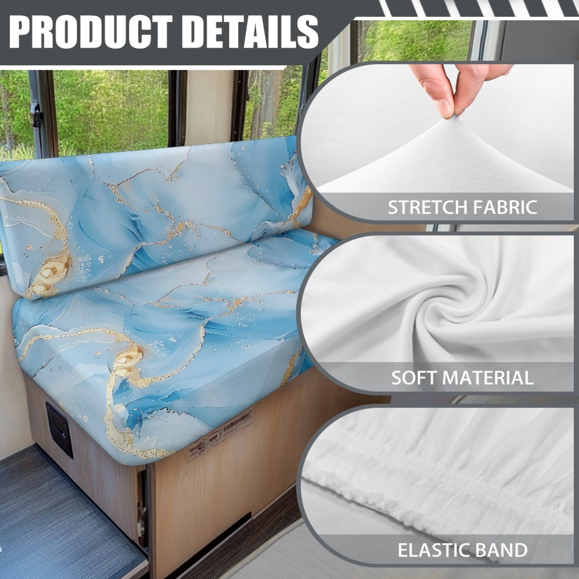 Yuyamidu Blue Marble Print RV Dinette Cushion Covers Universal Camper Cushion Slipcovers Soft Camper Dinette Seat Covers for Travel Trailer Couch RV Sofa Cushions