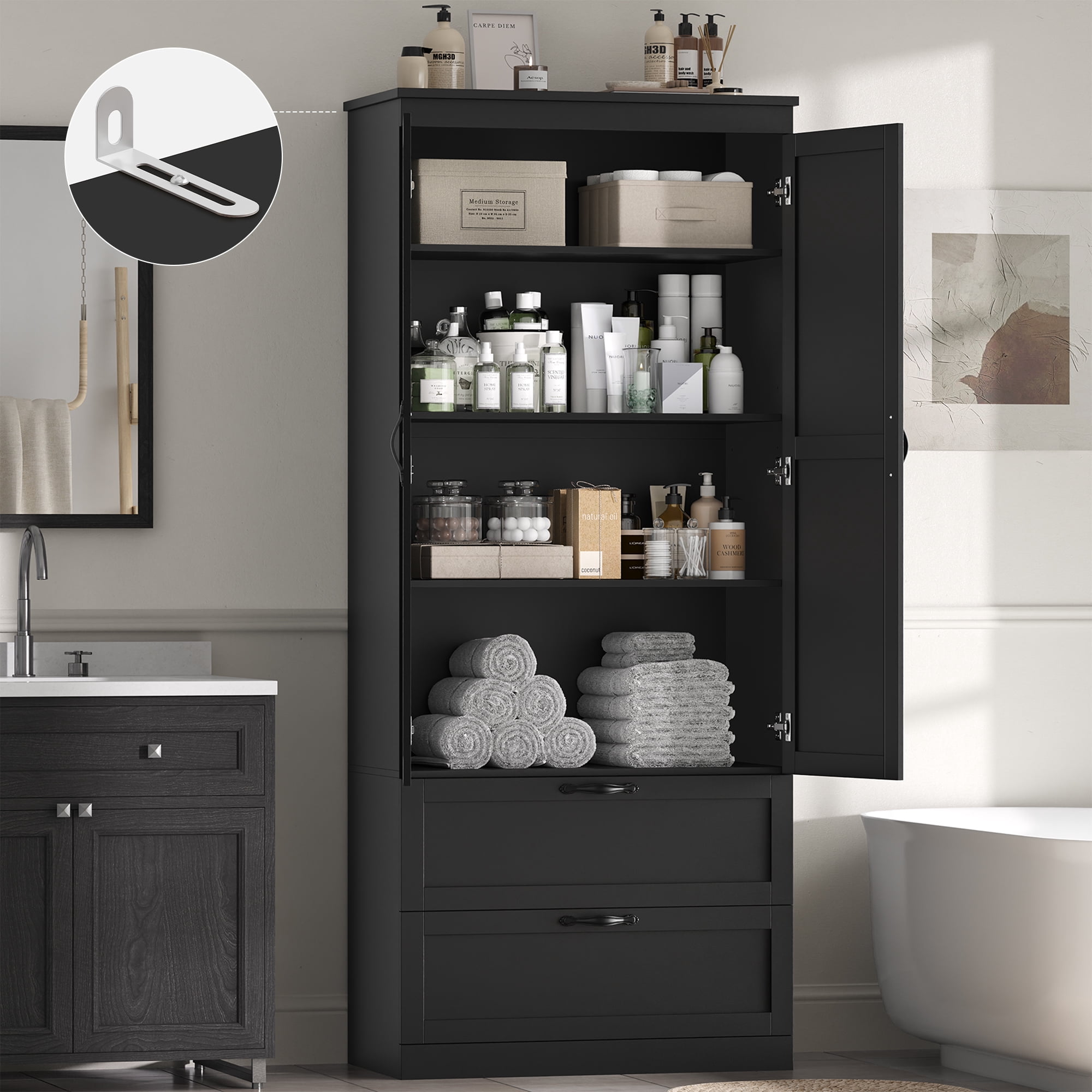 Homfa 70.3"H Bathroom Storage Cabinet, Farmhouse Linen Storage Cabinet with 2 Drawers, Black