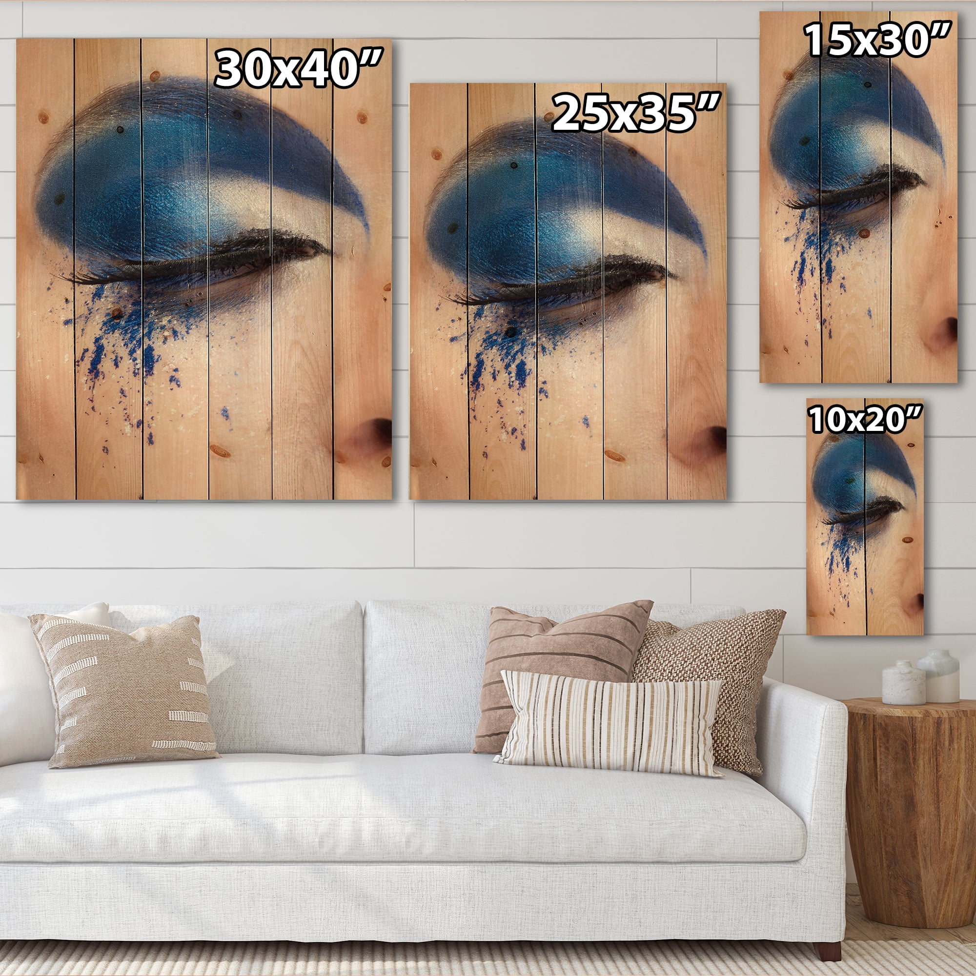 Designart 'Closed Woman Eye With Blue Fantasy Make Up' Modern Print on Natural Pine Wood