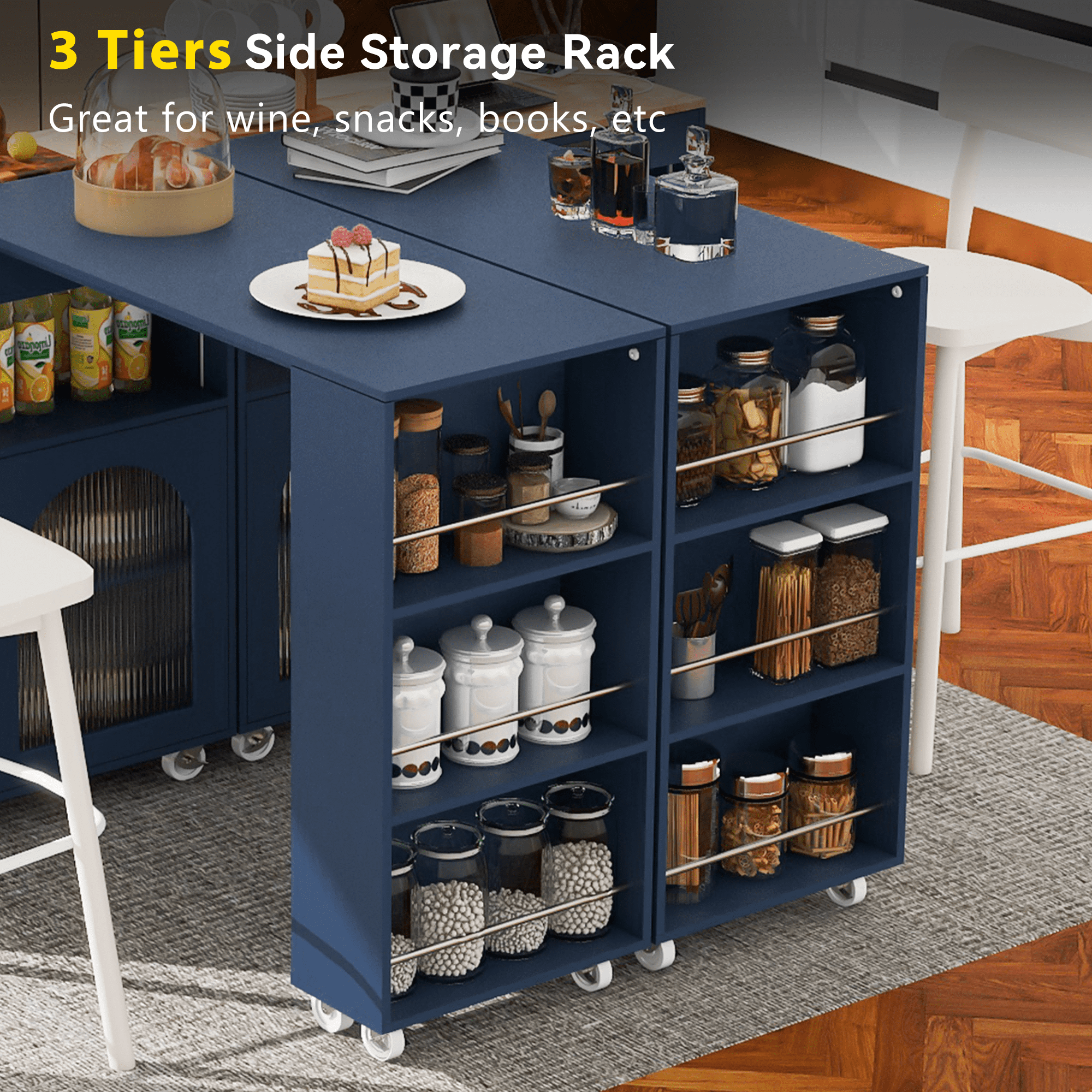 AVAXA Rolling Kitchen Island With Extended Table, Kitchen Island on Wheels with LED Lights,Power Outlets, 2 Fluted Glass Doors, a Storage Compartment and Side 3 Open Shelves, Navy Blue