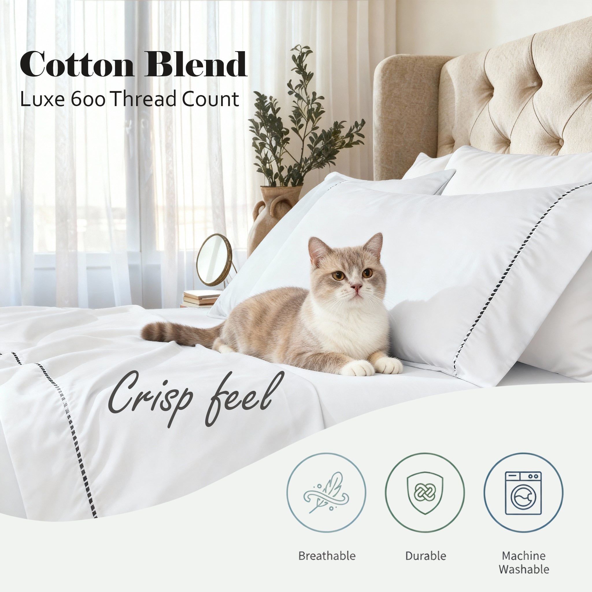Superior Cotton Blend 600 Thread Count Dash Stitch Hem Sheet Set, Full, Dark Gray