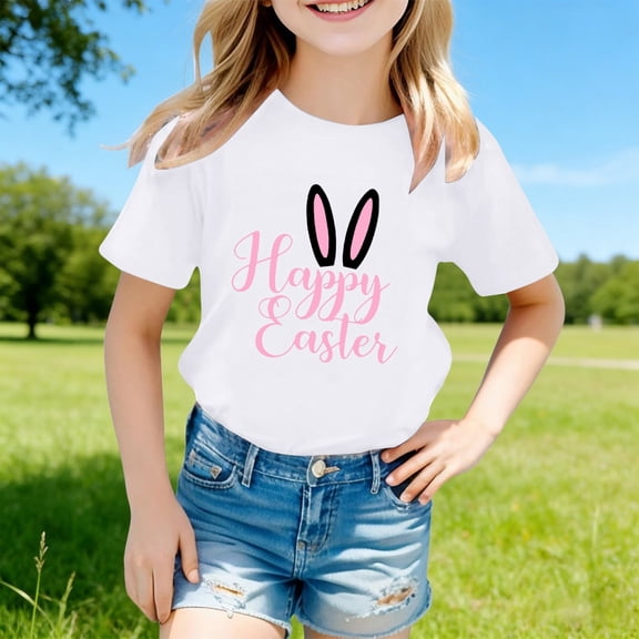 Gzbliryd Easter Cute Bunny Shirt Leopard Rabbit Tshirt Short Sleeve Tops Easter Shirt for Girl Girls Summer Clothes (White,10-11 Years)
