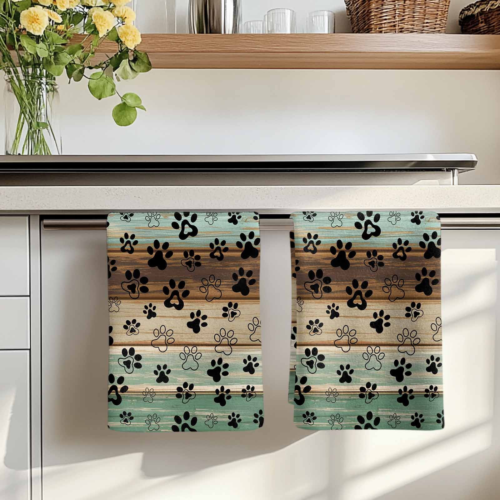 Teal Brown Kitchen Towels Set of 2, Pet Paw Printed Farmhouse Dog Claws Wood Grain Absorbent Dish Towels for Kitchen, Microfiber Hand Towel, Quick Drying Tea Towel for Cleaning Decorative Dishcloths