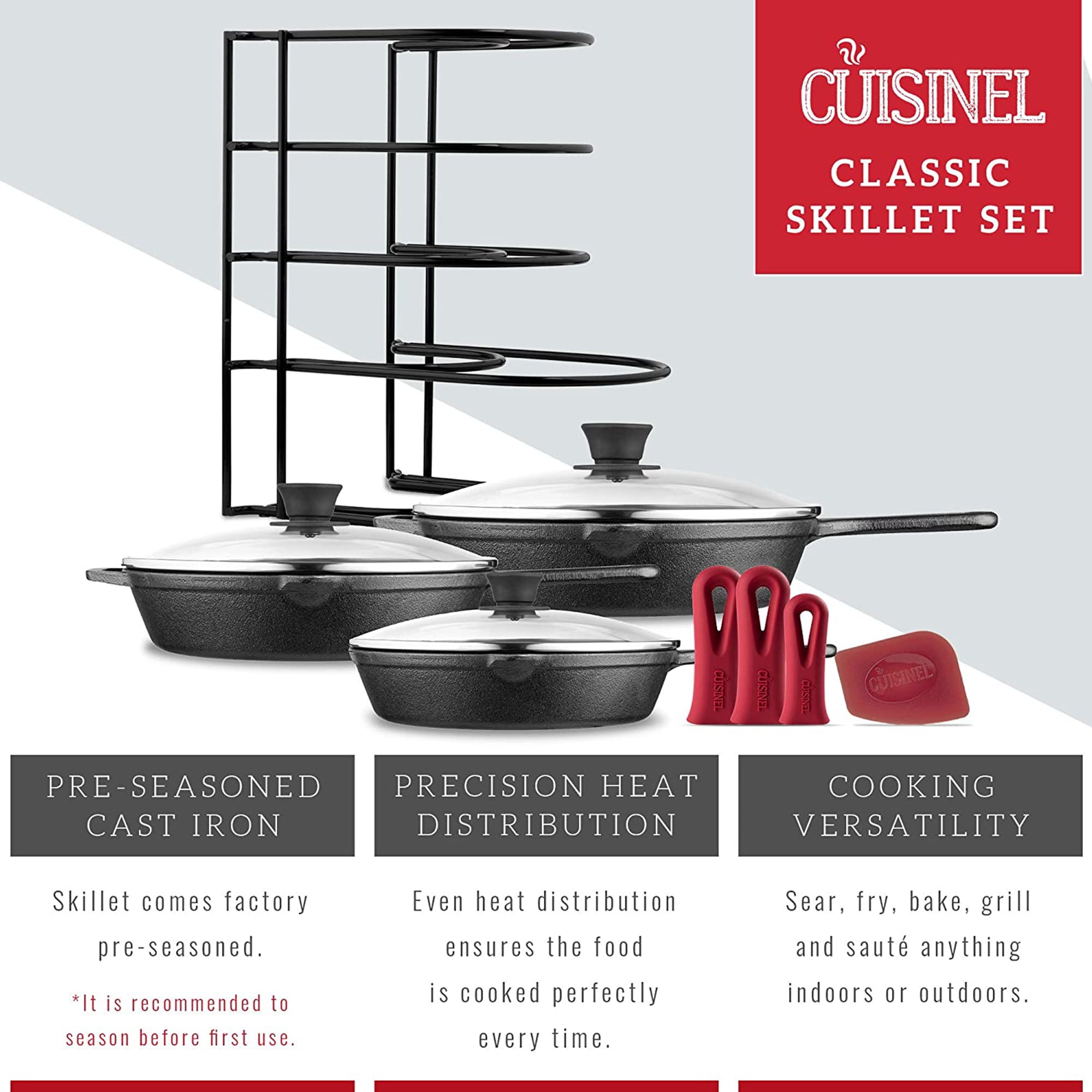 Cuisinel 7 Piece Kitchen Essential Pre Seasoned Cast Iron Chef Cookware Set  With 3 Skillets, Handle Covers, Rack Organizer, And Pan Scraper : Target