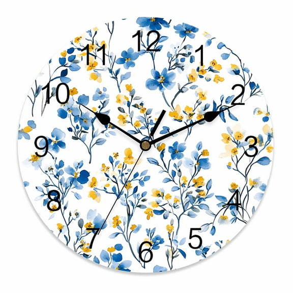 Silent Wall Clocks Battery Operated, Blue Yellow Florl Print Round Decorative Wall Clock for Living Room Bedroom Kitchen Bathroom Classroom Decor, 10 Inch Rustic Wild Flowers Pattern