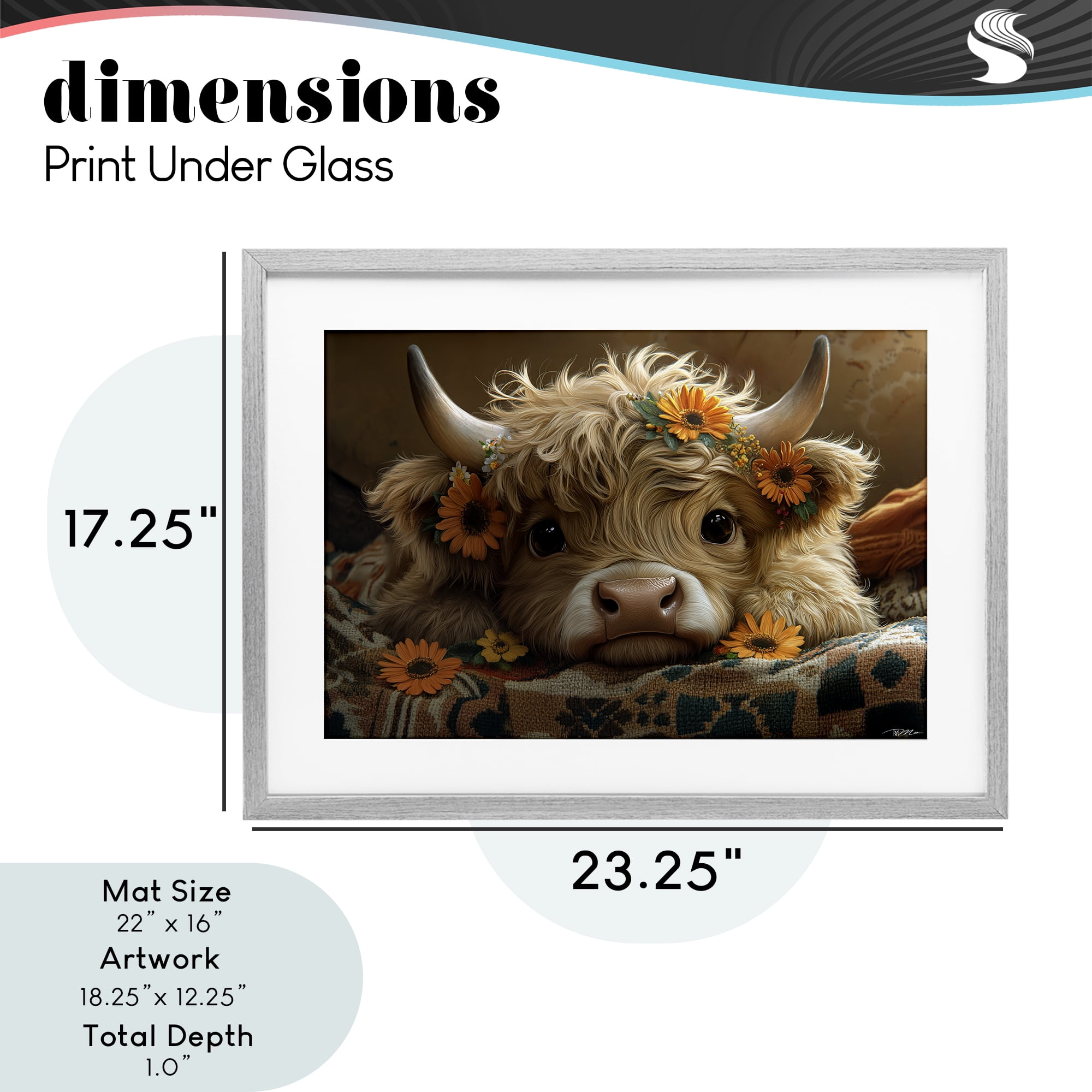 Adorable Flower Bedecked Cattle Gray Framed Print Under Glass, design by Momart