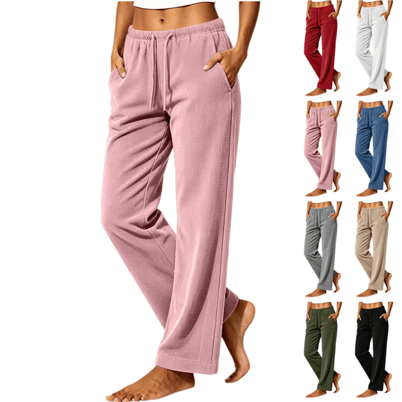 Sunnin Women Corduroy Straight Leg Pants Drawstring Elastic Waist Casual Loose Lounge Pants with Pockets
