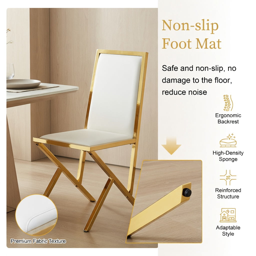 Hommoo 4-Pack Modern PU Leather Dining Chairs with Metal Legs, Ergonomic Design, Easy Assembly & Adjustable Non-Slip Feet, White & Gold