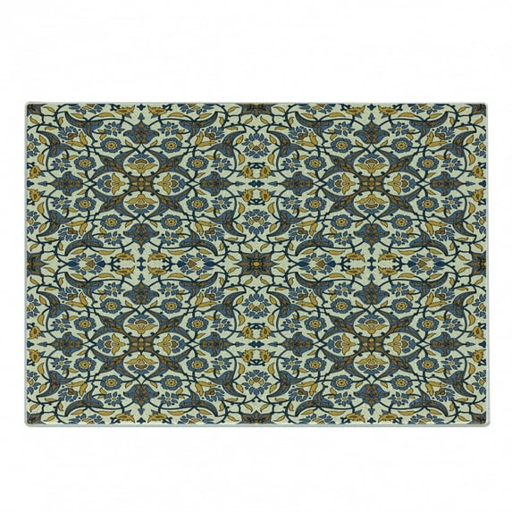 Turkish Pattern Cutting Board, Flowers in and Traditional Style, Decorative Tempered Glass Cutting and Serving Board, Small Size, Earth Yellow Slate Blue, by Ambesonne