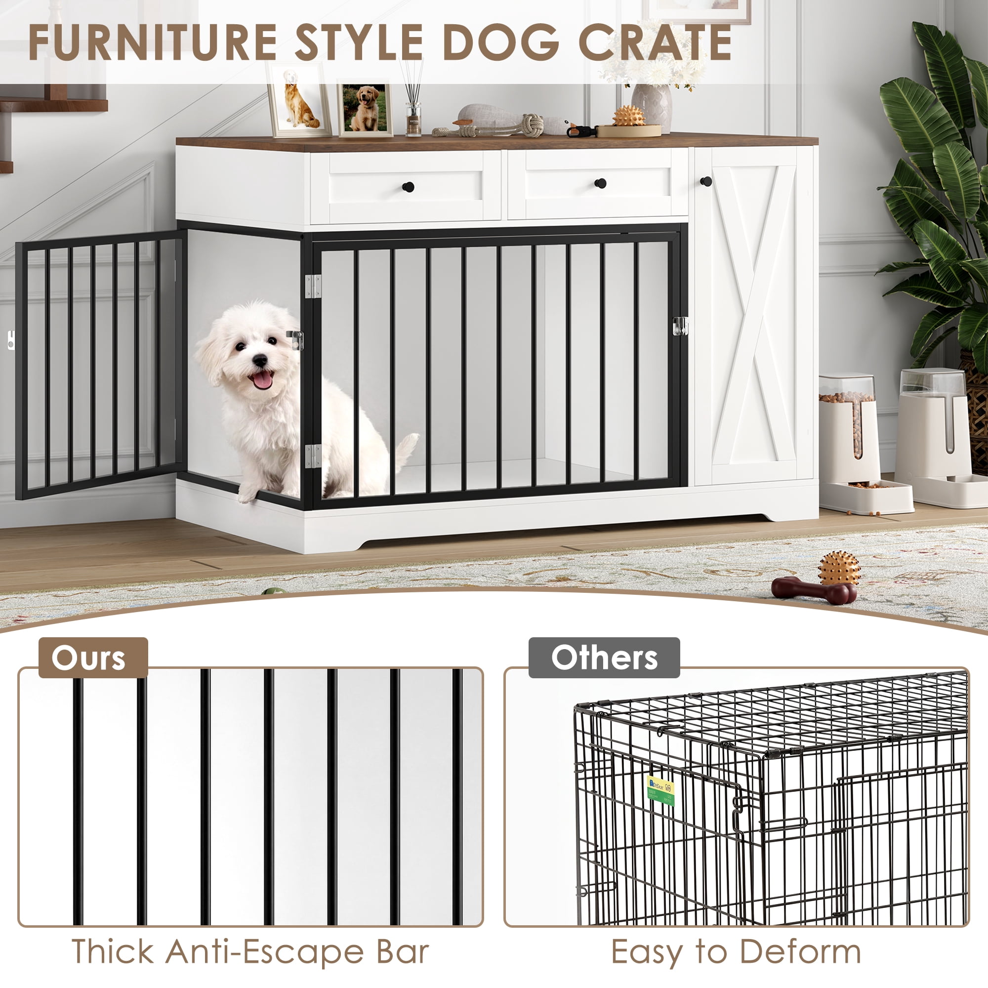 Homfa Dog Crate with Storage Cabinet and 2 Drawers, Indoor Furniture Style Wooden Large Dog Kennel, White