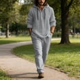 thumbnail image 2 of Nokdvo Mens Linen Outfit Sherpa Elastic Waist Drawstring Hoodie Suit Spring Summer Button Casual Henley Sports Set with Pocket,Gray M, 2 of 4