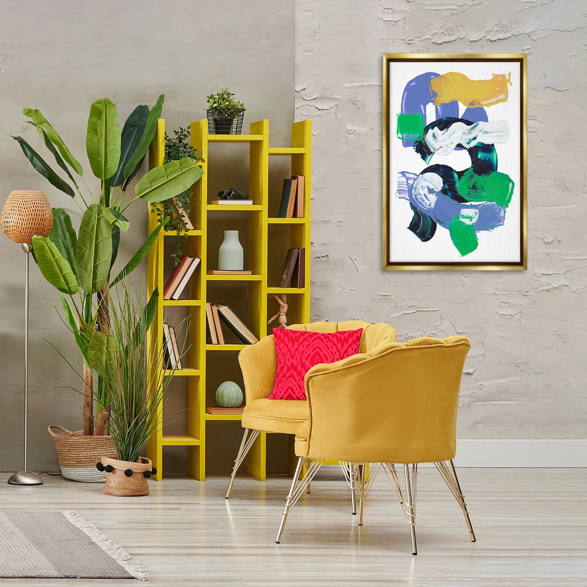 Stupell Industries Curved Paint Strokes Abstract Painting Gold Floater Framed Canvas Art Print Wall Art, 21 x 31