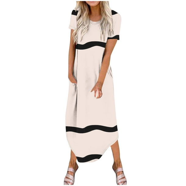 Vestidos de Verano de Mujer Casual Cuello Redondo Bolsillos de Manga Corta Impresión Vestido Largo, Vestido Ligero de Poliéster para Diario, Fiesta Y Primavera