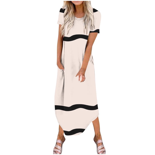 Annhoo Robe Maxi d'Été pour Femmes Rayée Imprimée Ourlet Irrégulier Manches Courtes Col Rond Robe Décontractée Tendance avec Poche
