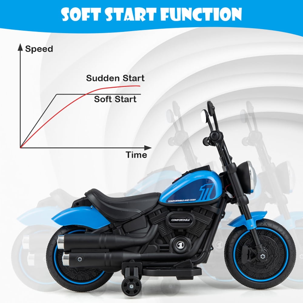 Resenkos Kids Electric Motorcycle with Training Wheels and LED Headlights-Blue, Motorcycle Toy for Children Boys & Girls