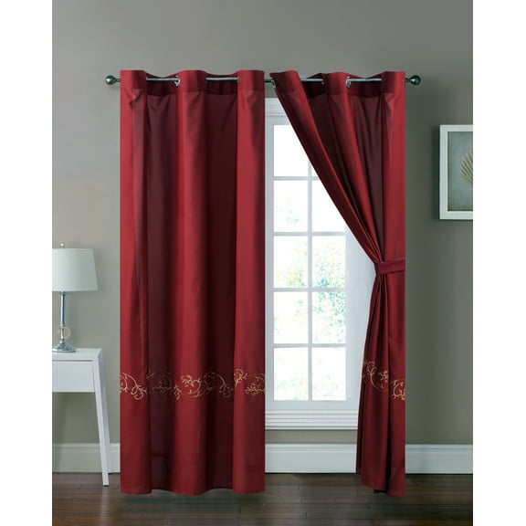 4-Pc Sabri Floral Vine Scroll Embroidery Curtain Set Burgundy Red Drape Sheer Liner Grommet