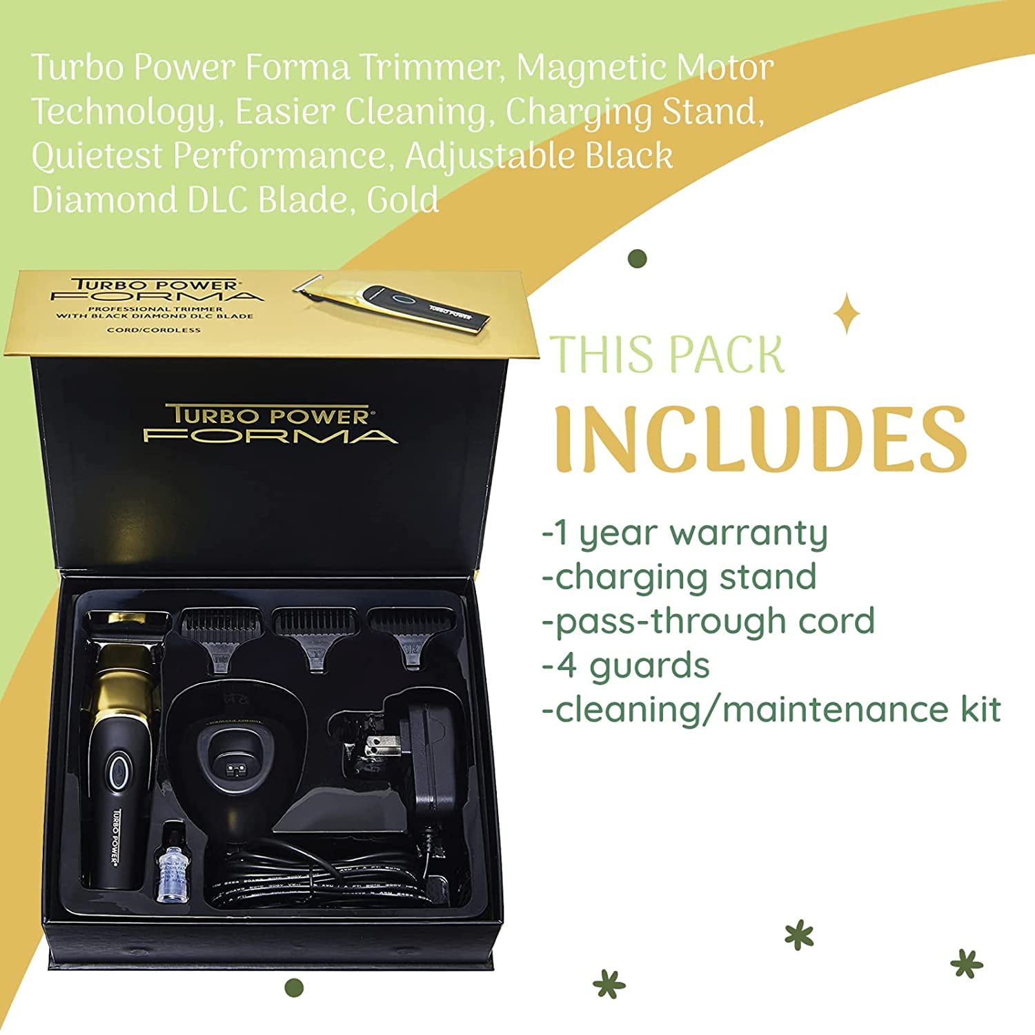 Turbo Power Forma Trimmer, Magnetic Motor Technology, Easier Cleaning,  Charging Stand, Quietest Performance, Adjustable Black Diamond DLC Blade,  Gold