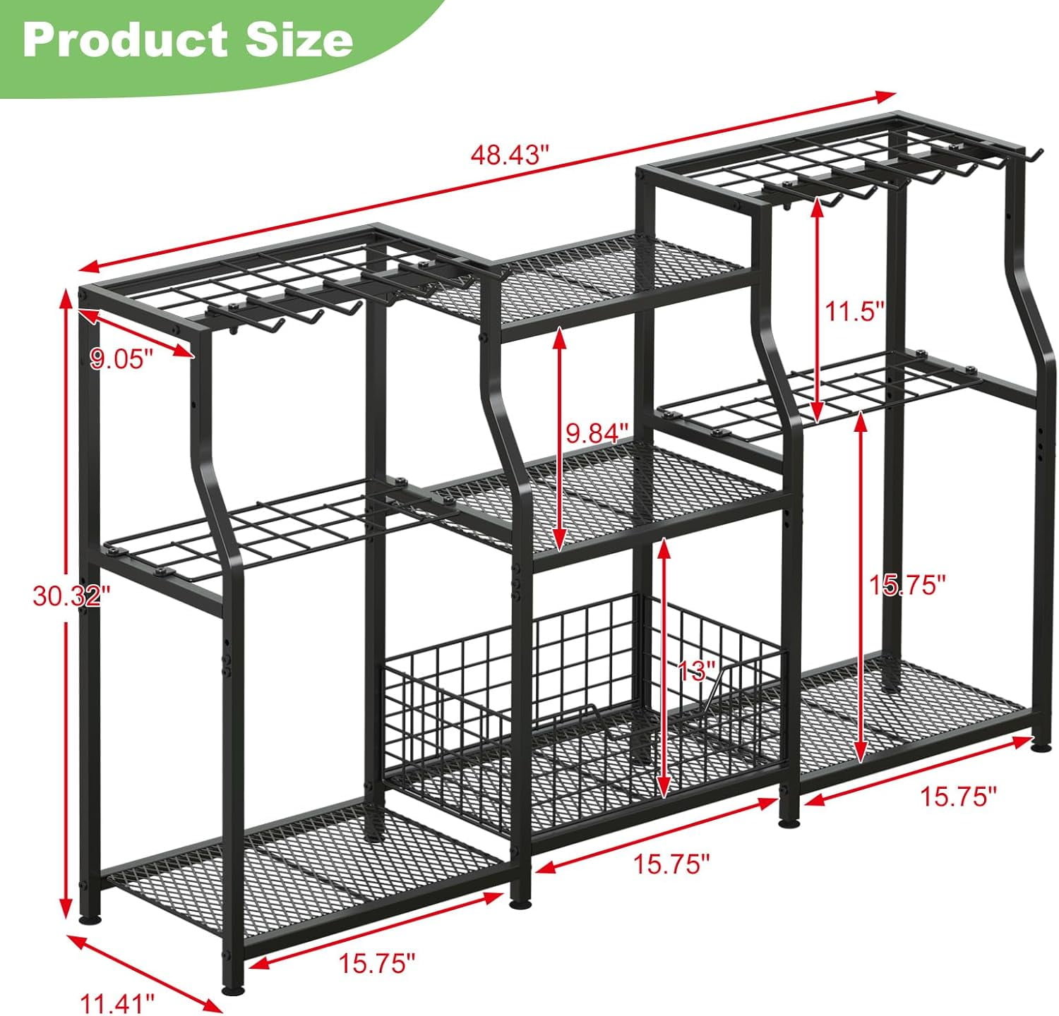 X-COSRACK Heavy Duty Garden Tool Organizer, 3-Tier Steel Yard Tool Rack Tower with Basket & Hooks, Garage Storage for Shed, Black