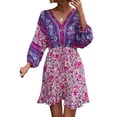 thumbnail image 3 of Women's Summer Boho Loose Dress Floral Print V Neck Long Sleeves Female Mini Dress, 3 of 9