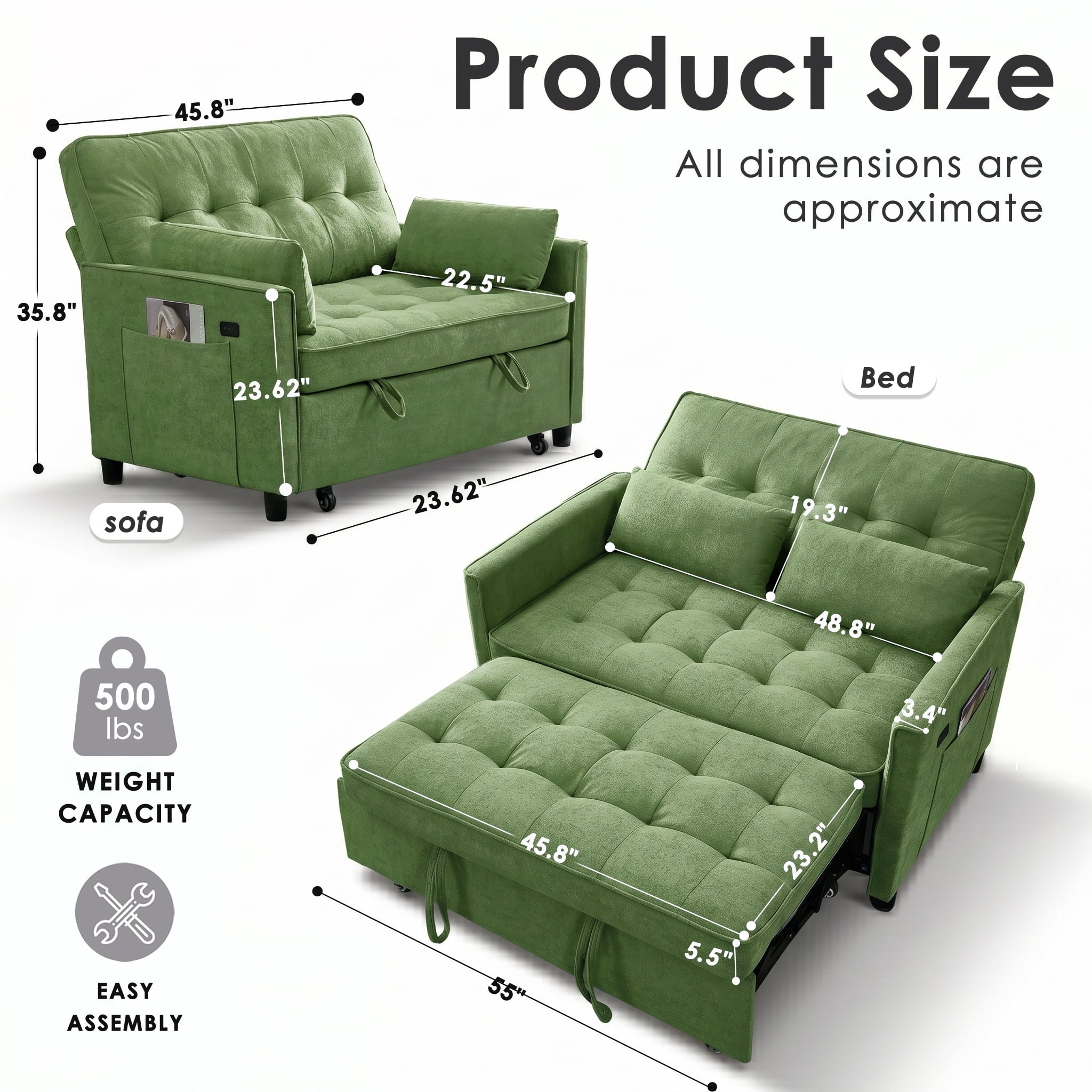 avobird 54'' 3 in 1 Pull Out Sofa Bed, Convertible Couch with Adjustable Backrest/Side Pockets/USB Charging Ports, Sleeper Sofa for Living Room, Green