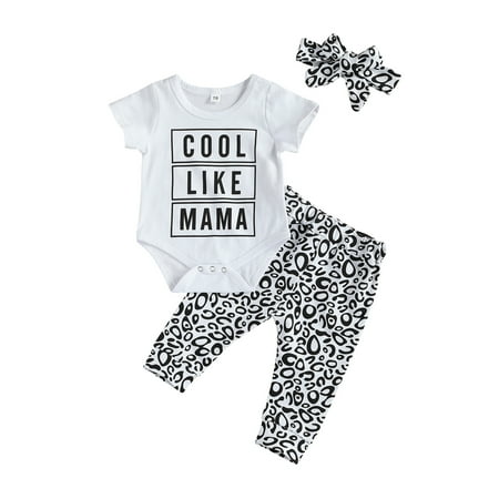 

Letter Printed Short Sleeve Bodysuit with Leopard Long Pants and Headband