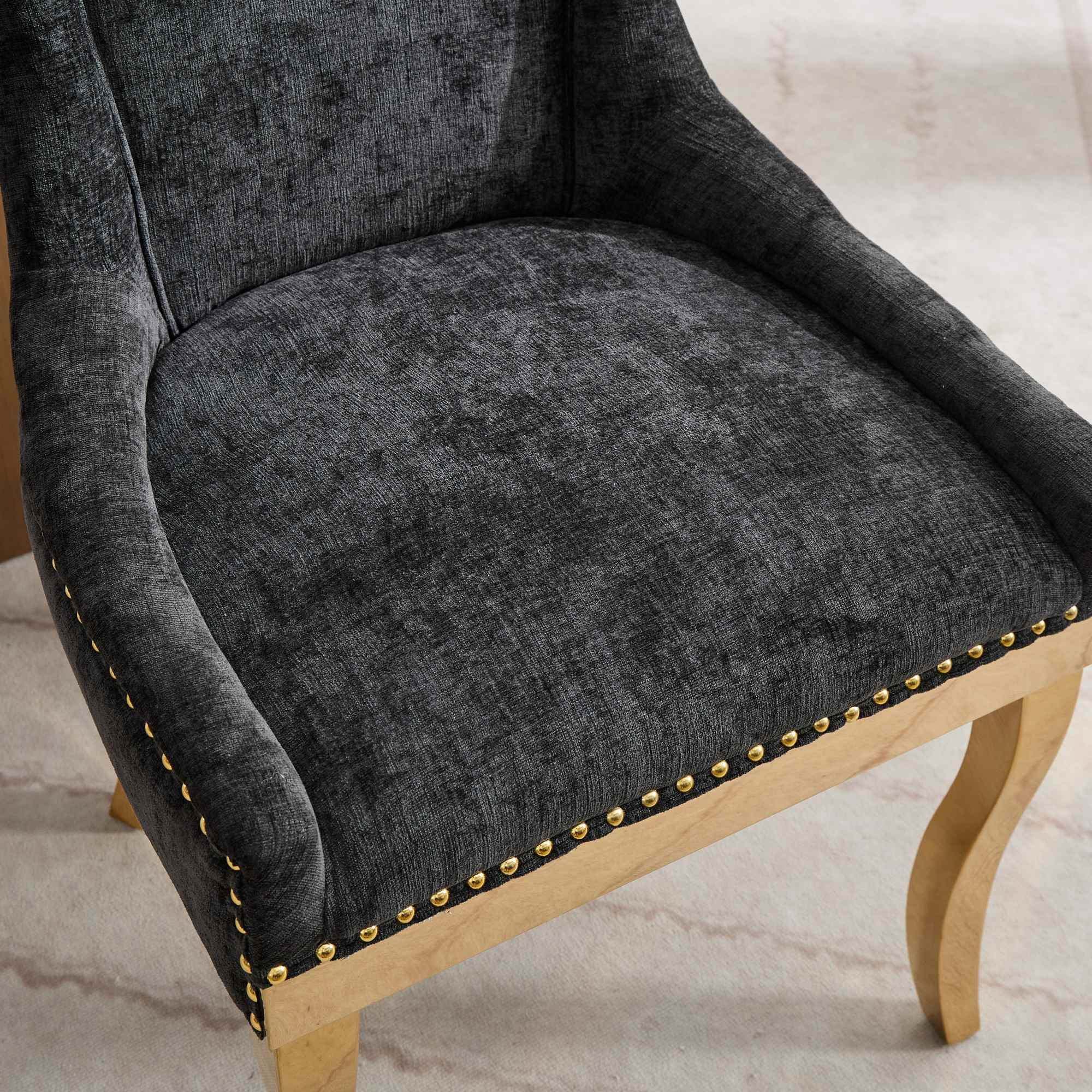 BSHTI Chenille Dining Chairs Set of 2, Black Fabric Upholstered Chairs with Curved Gold-Plated Legs & Rivet Trim – Stylish Dining or Lounge Accent Chairs, One-Piece Sturdy Frame