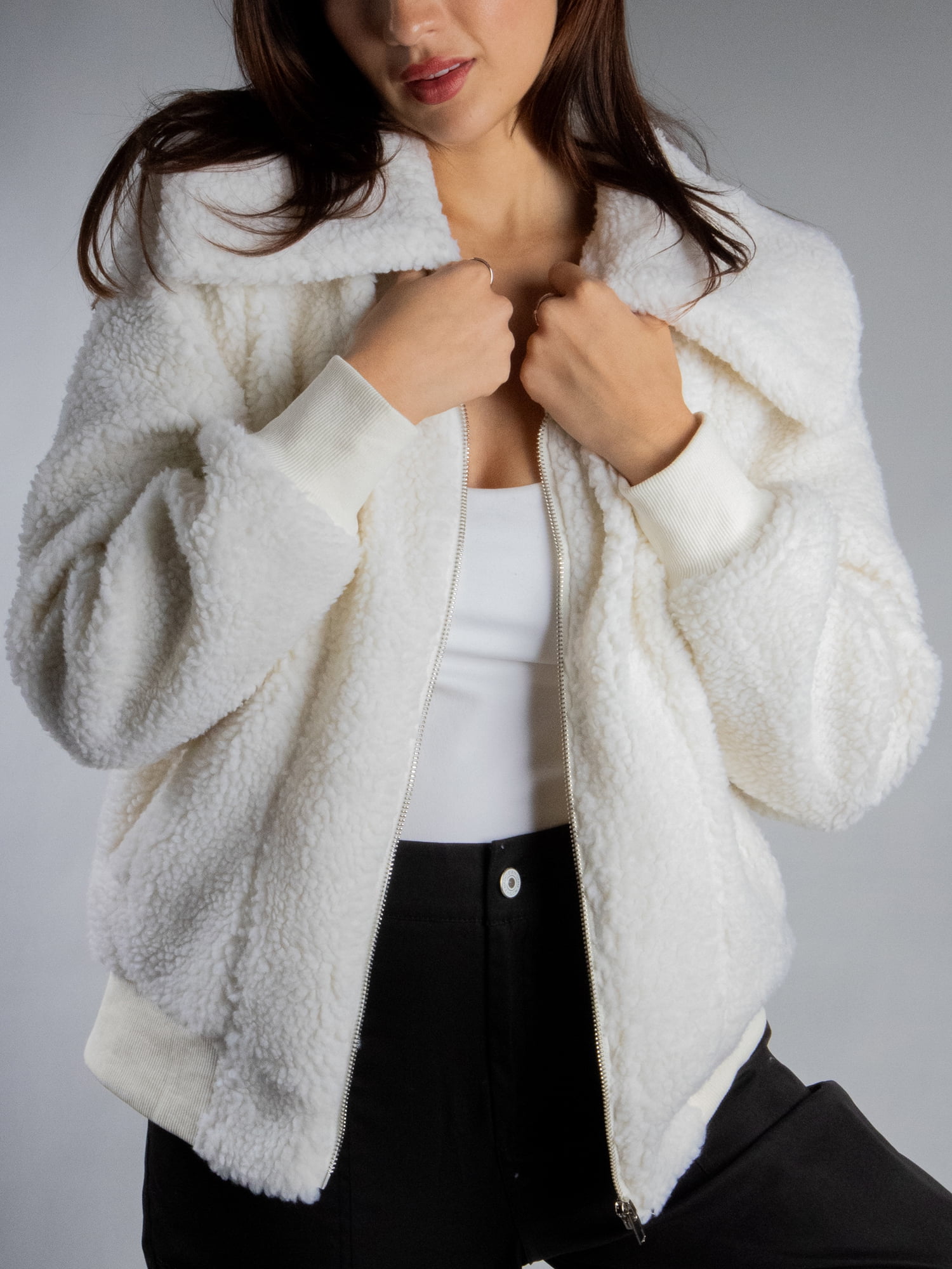 DARING DIVA Women's Stylish AK Plush Bomber Jacket S White