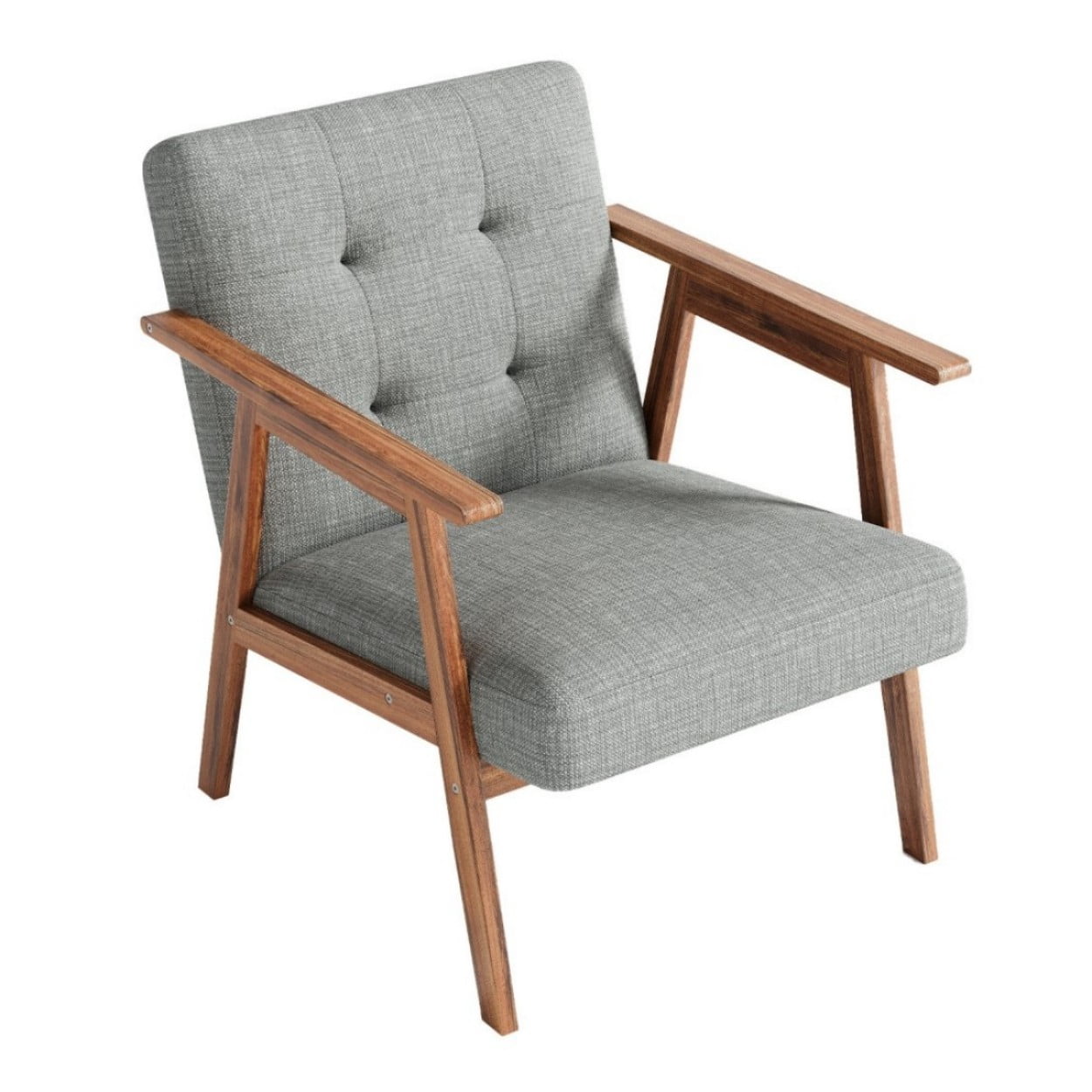 Modern Accent Chair, Fabric Upholstered Armchair with Tufted Details and Wooden Frame, Light Gray Lounge Chair for Living Room, Bedroom & Office, Light Gray