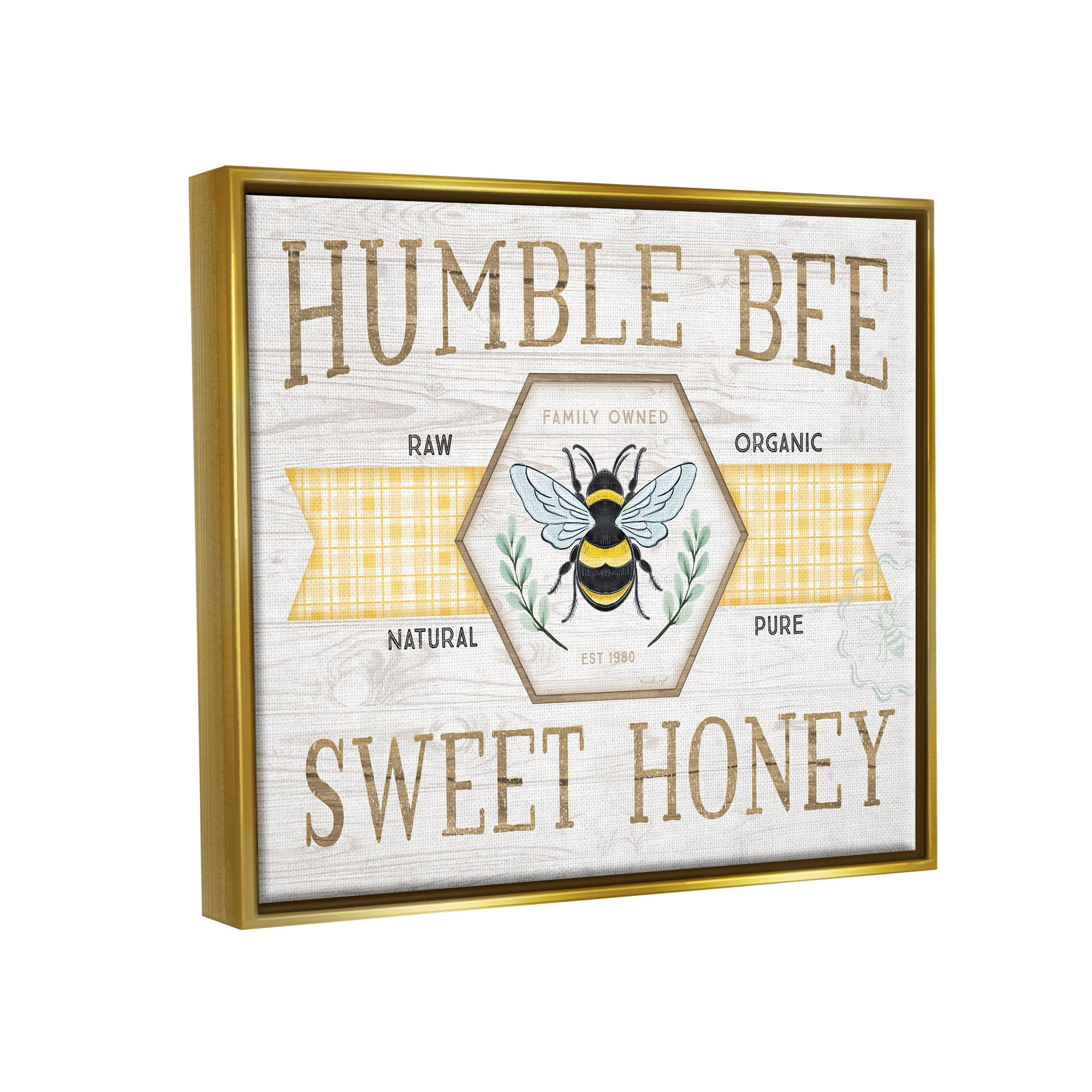 Stupell Industries Sweet Honey Bumble Bee Sign Country Tartan Banner Graphic Art Metallic Gold Floating Framed Canvas Print Wall Art, Design by Jennifer Pugh