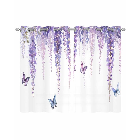 Wisteria Sheer Curtains 45 Inch Length 2 Panels Set for Living Room/Bedroom, Purple Flowers Butterflies Vintage Spring Kitchen Curtains Grommet Semi-Sheer Curtains Drapes Window Treatments 42"x45"x2