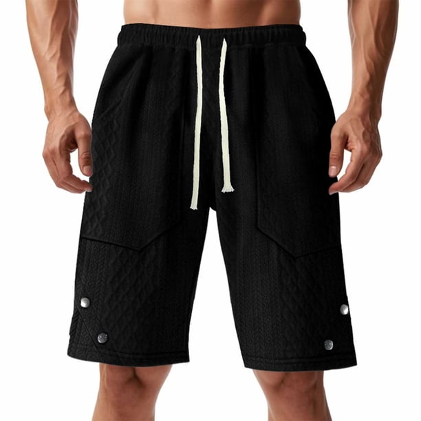 pstuiky Pantalones cortos cargo para hombre, Pantalones cortos cargo casuales de color liso para hombre, con bolsillos grandes, botones, cordón y cintura elástica.
