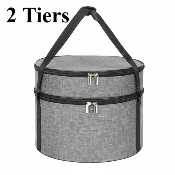 2 Tiers Grey Insulated Casserole Carrier, Round Pie Carrier with Metal Support, Dish Carrier for Hot or Cold Food, Transport Pie Holders Pie Carrying Case