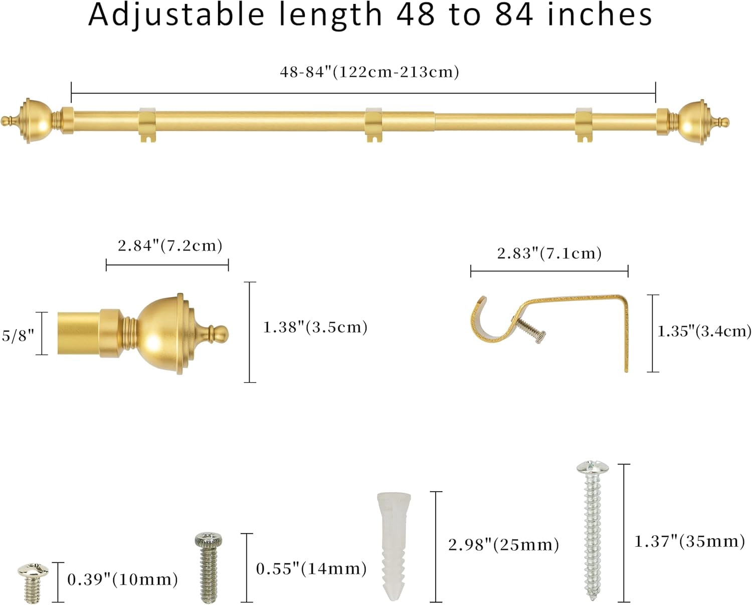 eTeckram 5/8" Single Curtain Rod with Royale Finials,Gold,48‘’-84‘’
