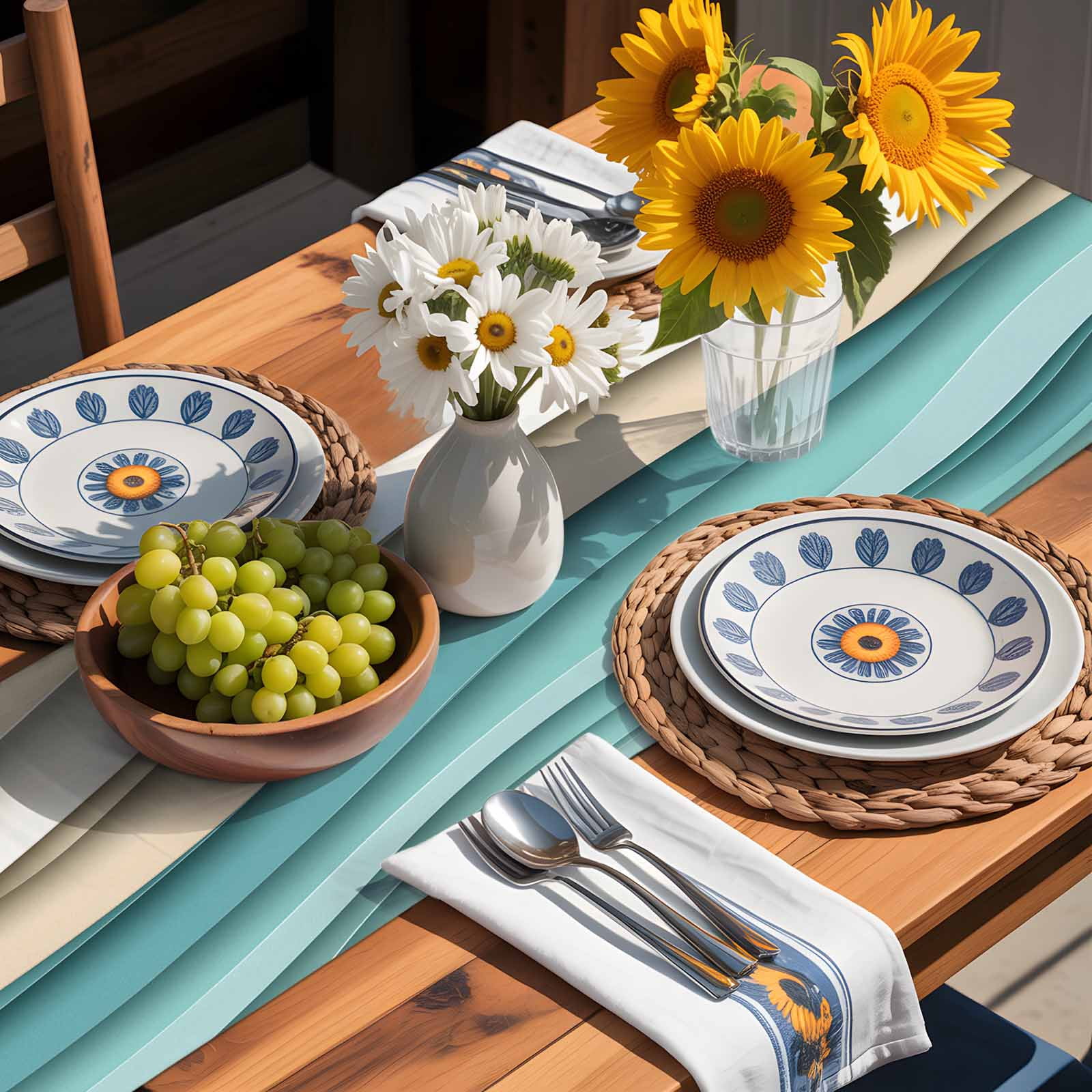 Teal Brown Gradient Water Ripple Table Runner 90 Inches Long, Abstract Geometric Table Runners Tabletop Scarf Kitchen Dining Tables Decoration for Home Party Indoor Outdoor