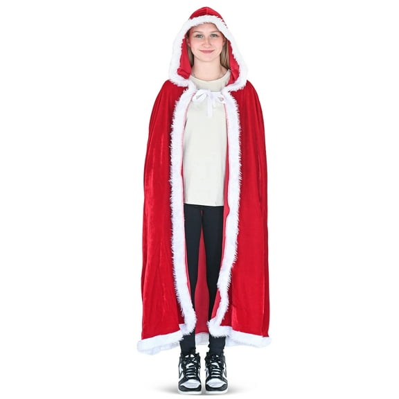 Skeleteen Red Velvet Santa Cape - Long Red Velour Hooded Cloak with White Trimming Christmas Holiday Santa Claus and Mrs Claus Costume Robe with Hood - For Adults and Kids