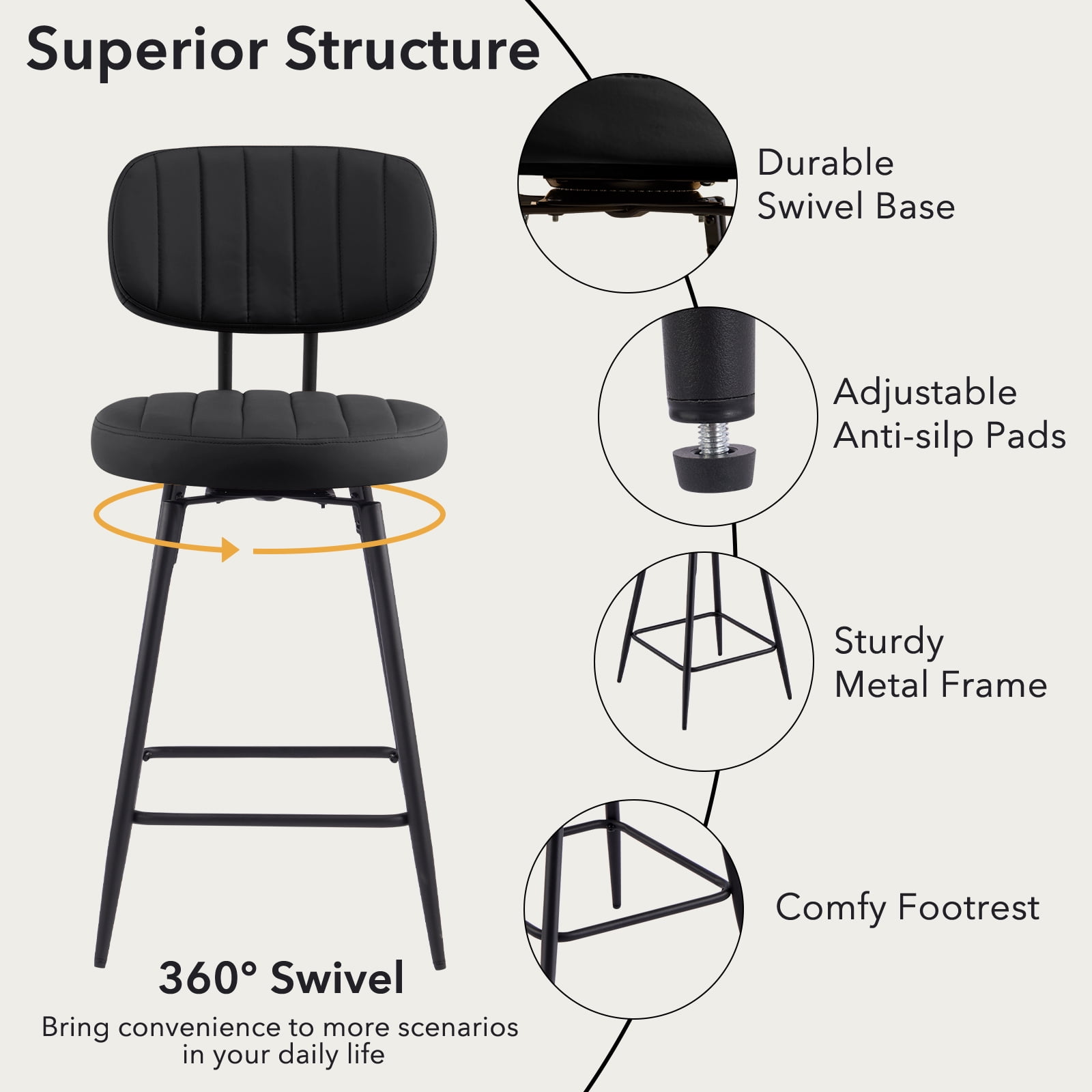 Furniliving 26" Modern Bar Stools Set of 2, Upholstered Swivel Counter Height Barstools with Back and Footrest, Adjustable Faux leather Barstool for Kitchen Island,Dining Room.Black