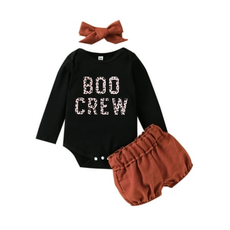 

Infant Girl Halloween Casual Outfit Long Sleeve Leopard Letter Romper Elastic Waist Shorts Headband