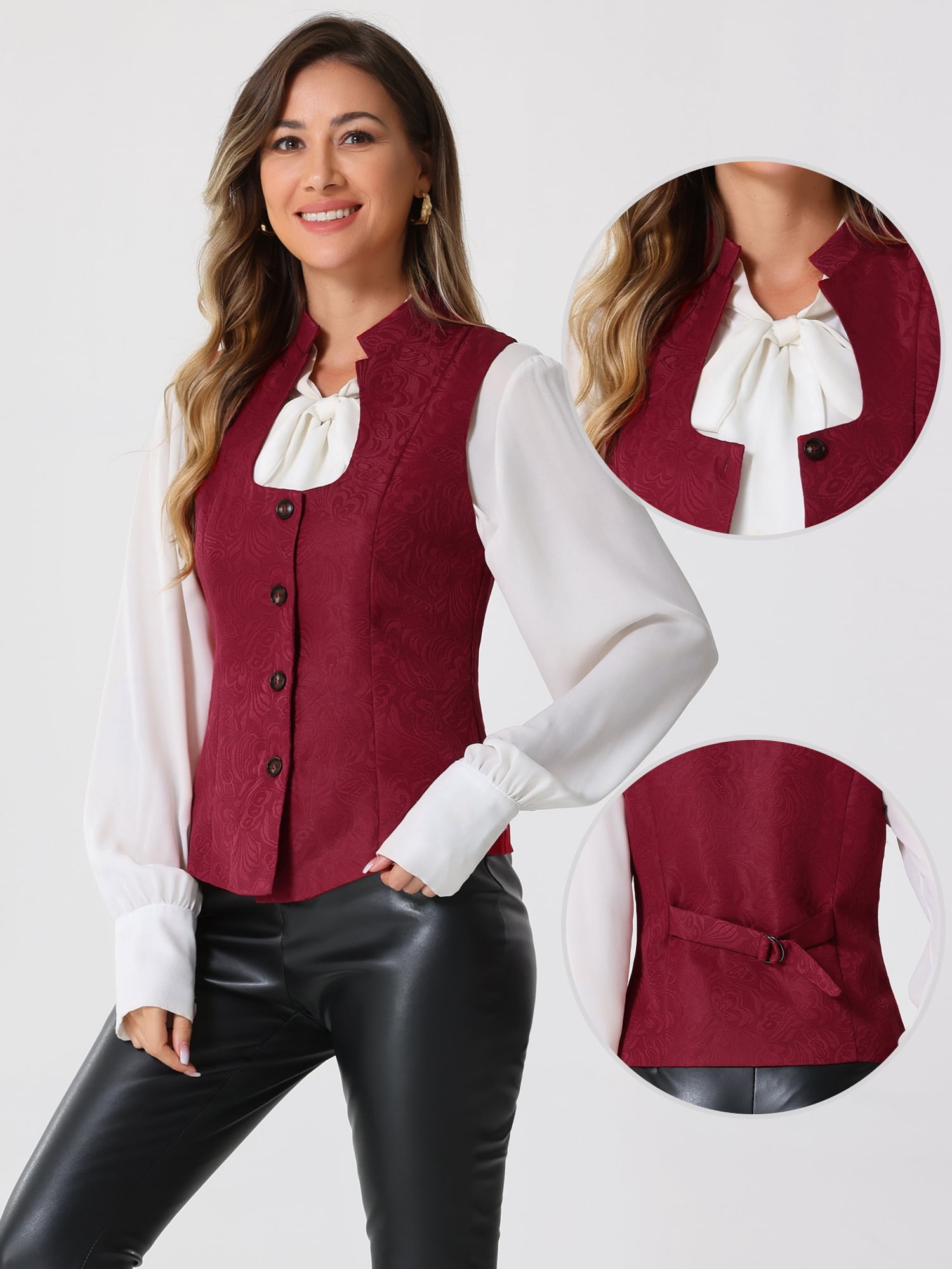 DARING DIVA Women's U Neck Jacquard Single Breasted Floral Gothic Waistcoat XS Burgundy