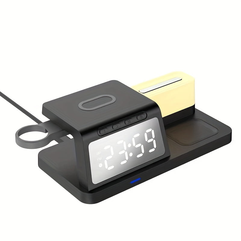 5‑in‑1 Digital LED Alarm Clock with Wireless Charging,Multi‑Device Charging Station for Phone,Watch,Earphones,7‑Color Ambient Light,Ideal for Bedroom,Office,Kitchen,Studio,Christmas Gift