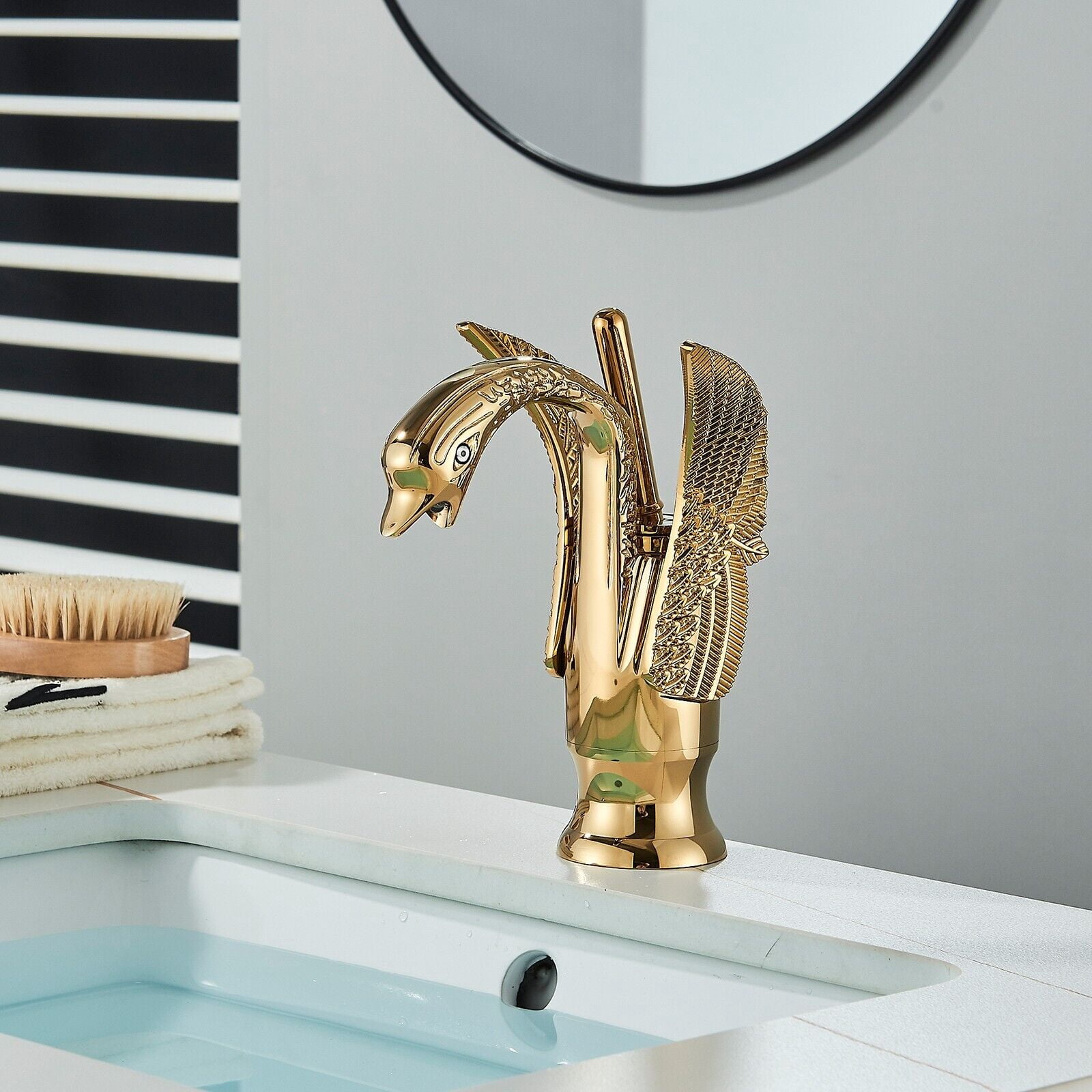 Swan Waterfall Bathroom Sink Faucet Single Hole One Handle Vanity Mixer Tap Gold