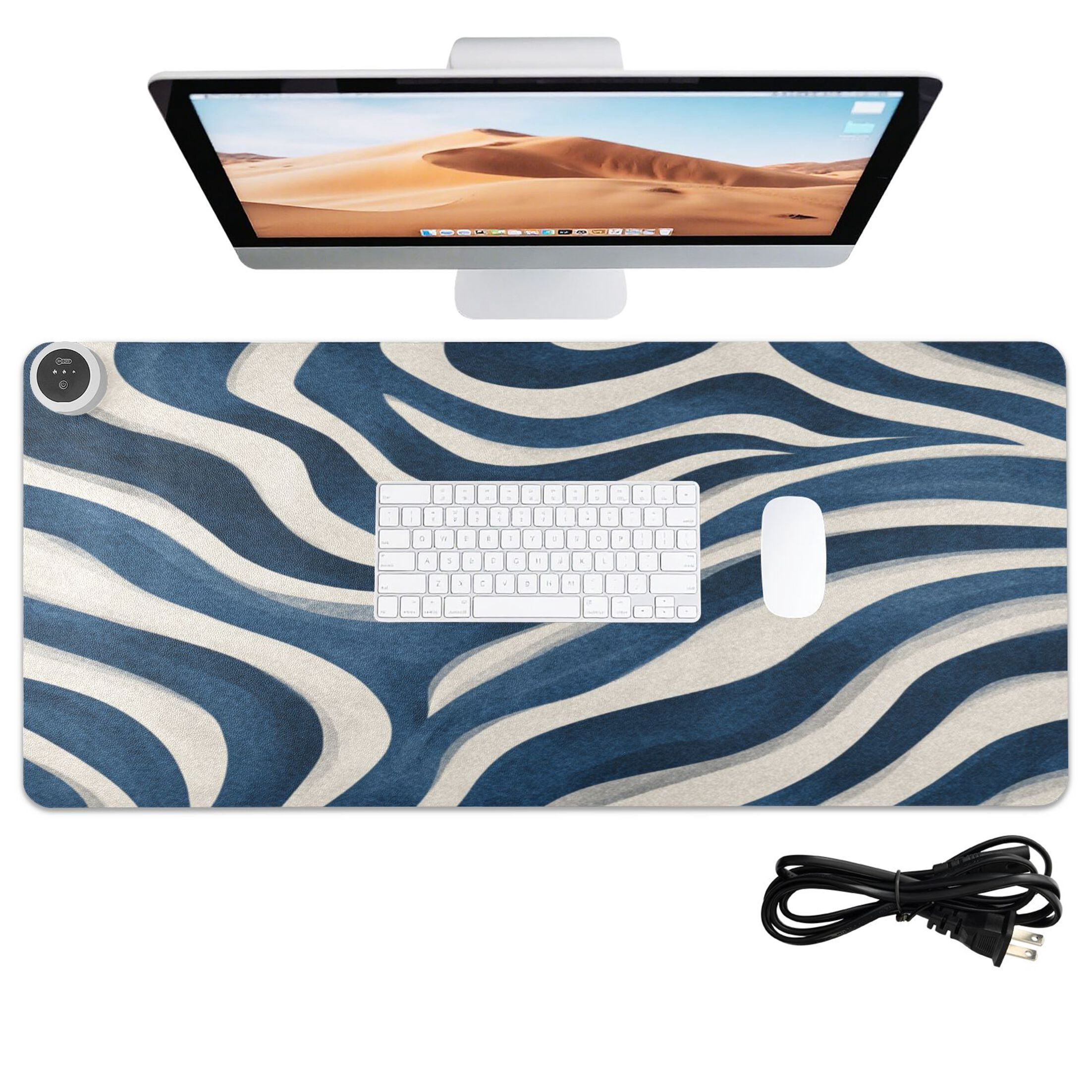 Large Heated Desk Mat Mouse Pad 31.5"x13"PU Leather Graphene Heating Desk Warmer with 3 Temperature Settings 110V US Plug Non-Slip Warm Pad for Home, Office, and Gaming Dark Blue Zebra Stripes