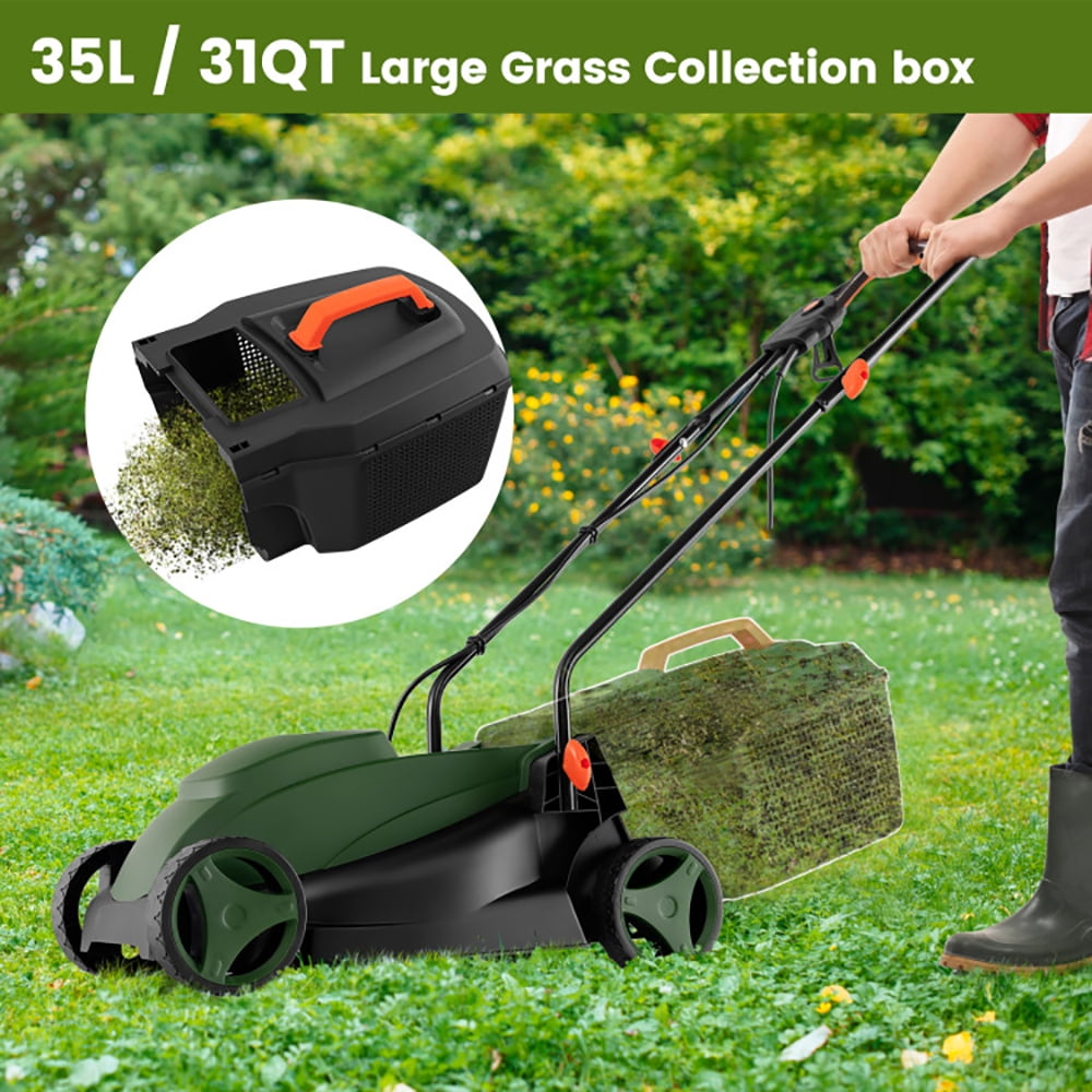 YYAo 12-AMP 13.5 Inch Adjustable Electric Corded Lawn Mower with Collection Box-Green