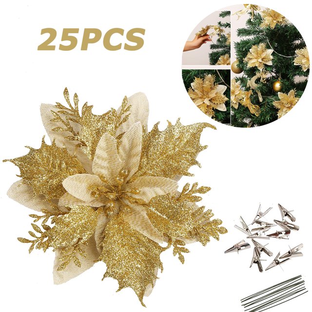 25 Piezas 14Cm / 5.5In Glitter Gold Glitter Poinsettia Flores De Navidad Artificiales Con Clips Y Tallos Glitter Christmas Tree Ornaments Para Navidad Boda Fiesta Guirnalda Decoración Jormftte WMZL-2244