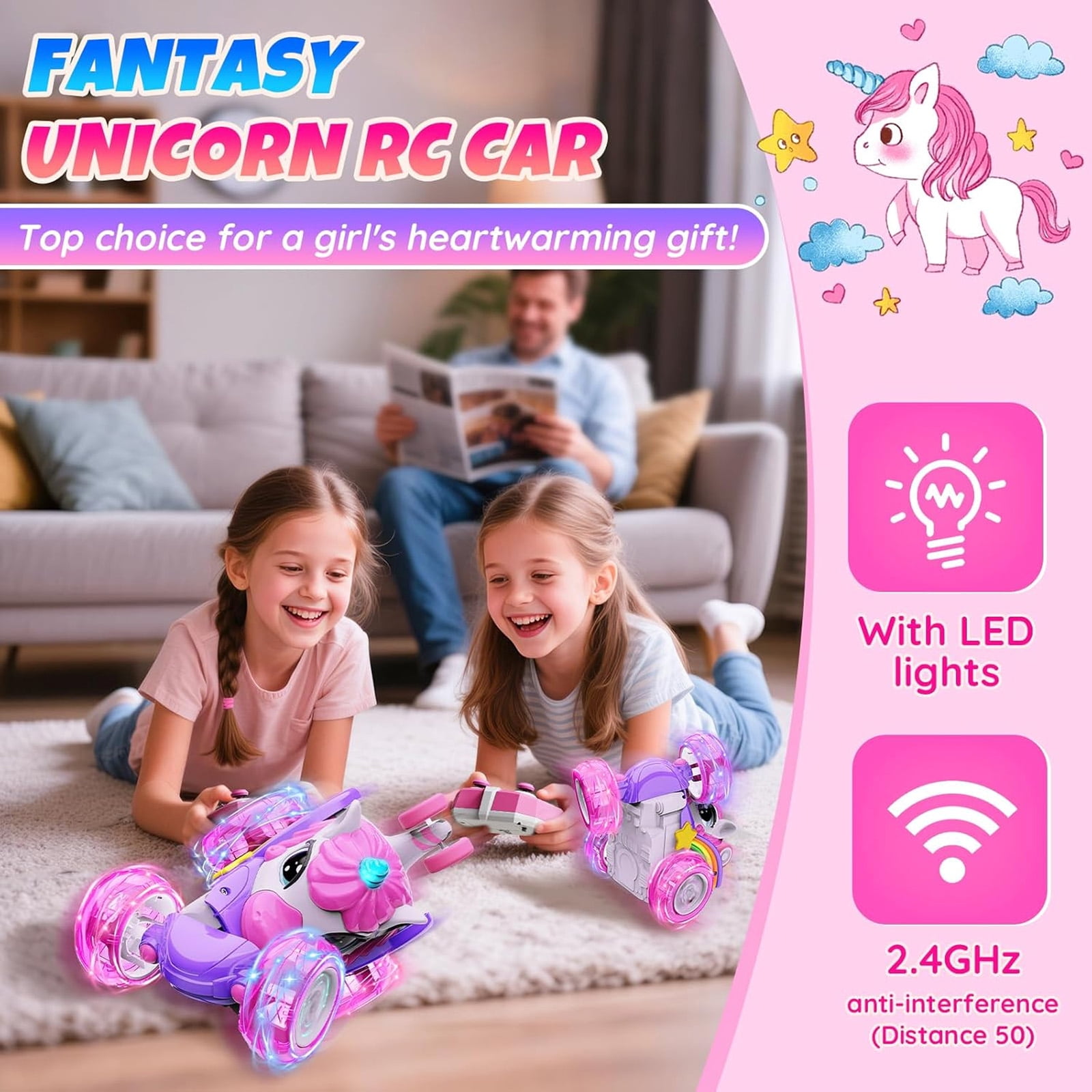 Annexfun Unicorn Toys, Remote Control Car for girls Age 3 4 5 6 - 360° Rotating Pink RC Stunt Cars for Kids, 2.4GHz Toy Car USB Direct Charging with LED Lights, Christmas Birthday Gift for Kids