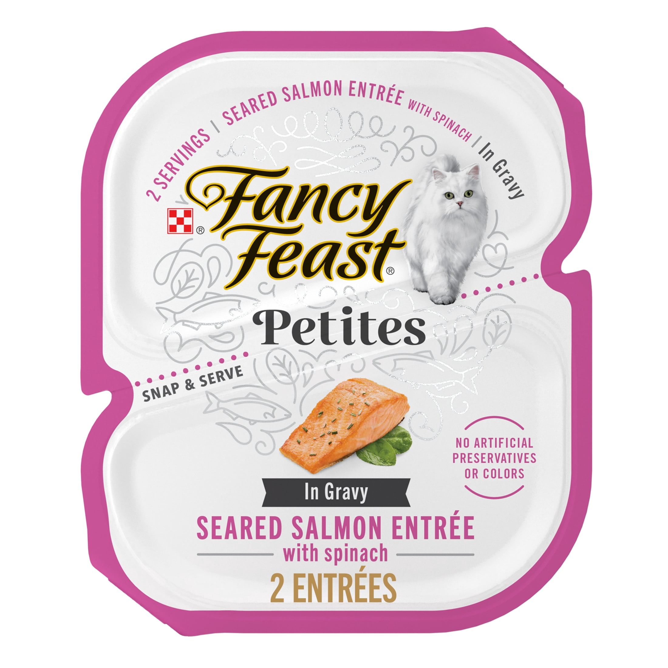 (24 pack) Purina Fancy Feast Petites Seared Salmon Entree With Spinach in Gravy Gourmet Wet Cat Food Pate, 2.8 oz.