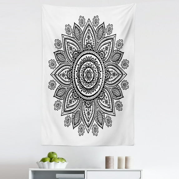 Ethnic Tapestry, Sunflower Pattern in Doodle Style with Geometrical Elements Circles and Lines Print, Fabric Wall Hanging Decor for Bedroom Living Room Dorm, 5 Sizes, White Black, by Ambesonne