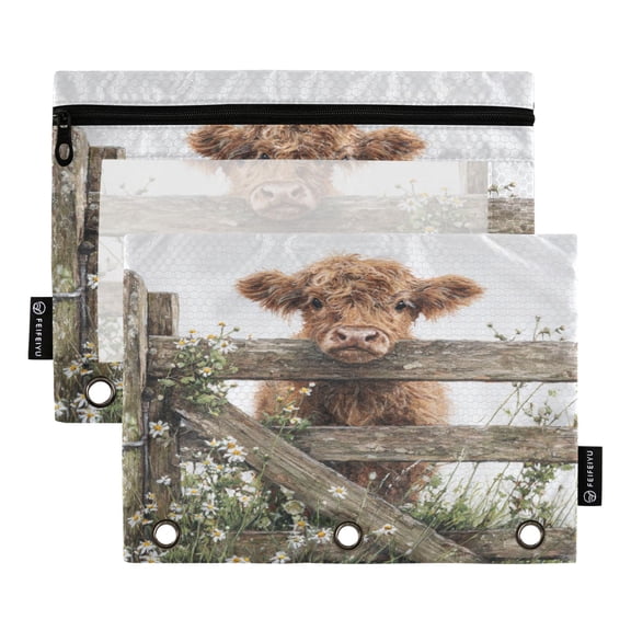 2 Pack Expandable Flip Folders with Clear PVC Window Binder Pouches 3-Ring Binder Organizer Cute Highland Cow Peeking