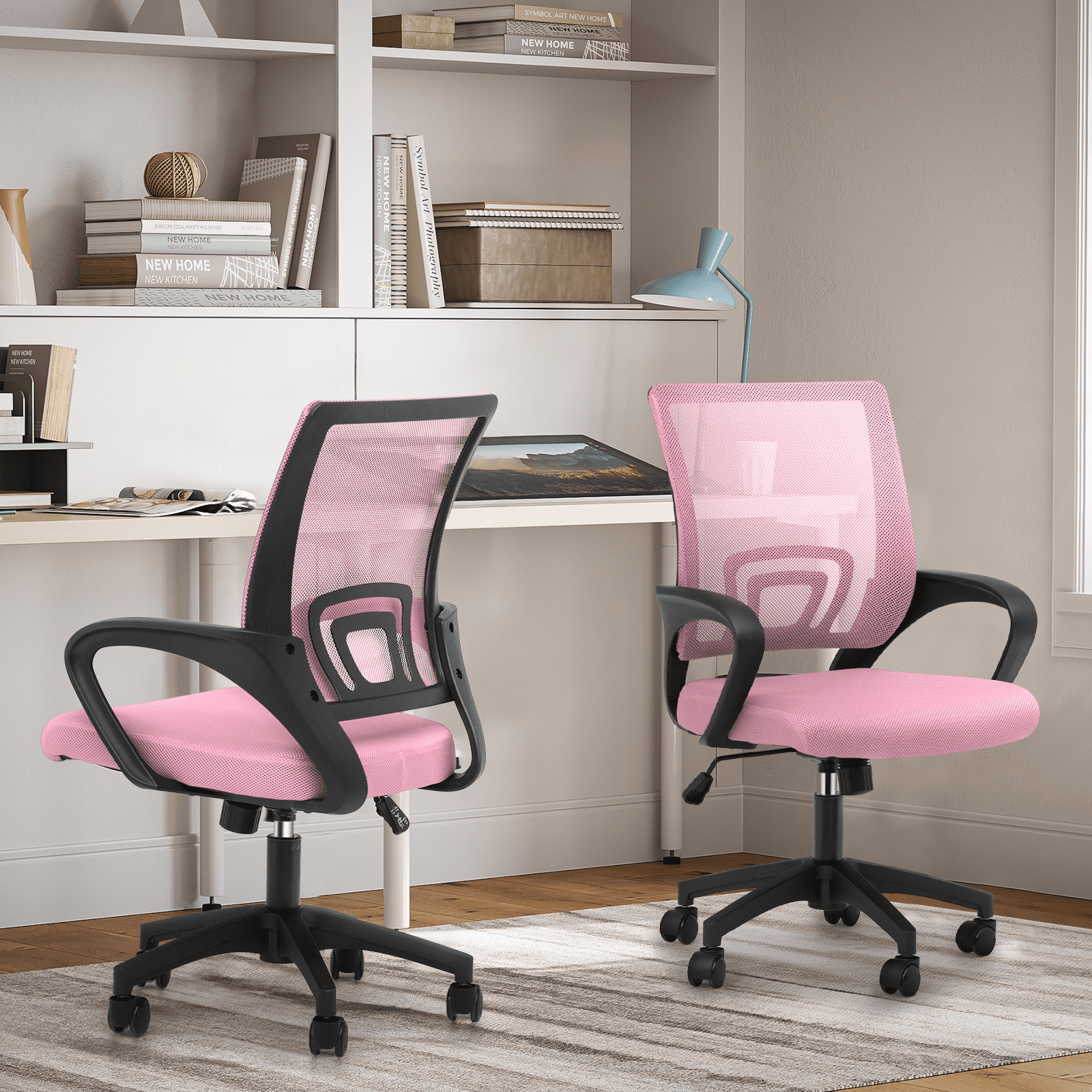 Magshion Set of 2 Office Chairs Mid Back Swivel Desk Chairs, Height Adjustable Ergonomic Mesh Computer Chairs with Armrest & Lumbar Support, Pink